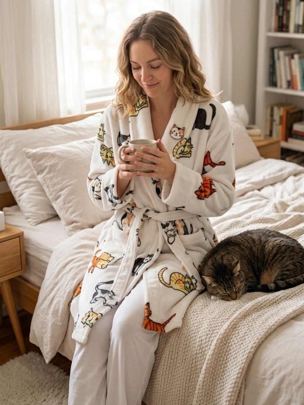 {Aegan Apparel} Soft Cat Print Fleece Robe White - ONE SIZE